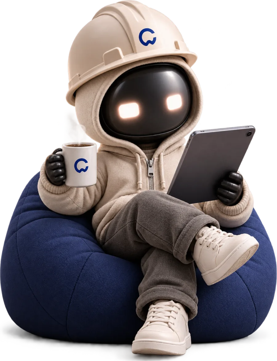 Mascote Construflow lendo o blog no tablet