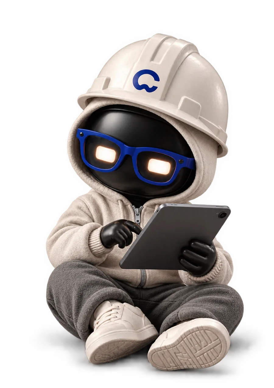 Mascote Construflow de capacete usando um tablet